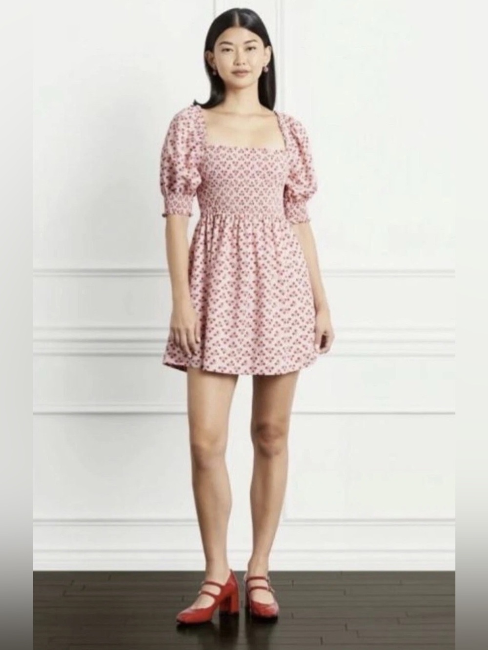 Hill House Pink Athena Floral Smocked Puff-Sleeve Dress